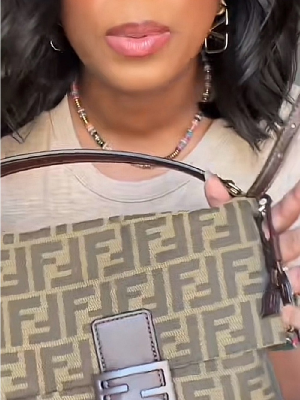 Fendi Brown FF Logo Canvas Shoulder Bag with Leather Trim